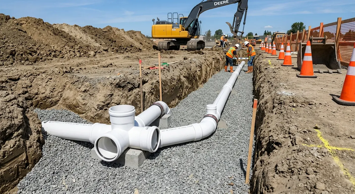 New PVC sewer pipe installation in open trench for Grease Trap Cleaning in Lake Geneva