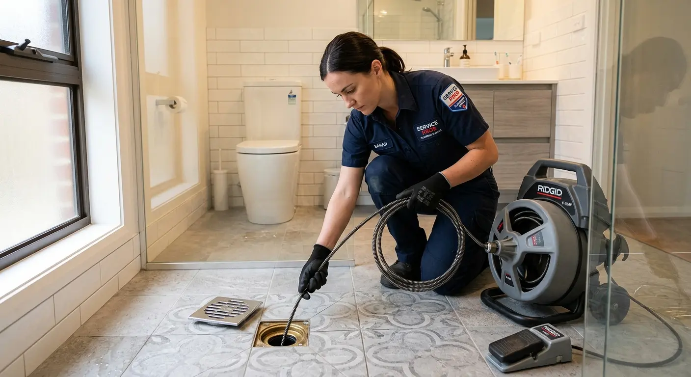 Technician clearing a bathroom floor drain for Drain Cleaning in Lake Geneva